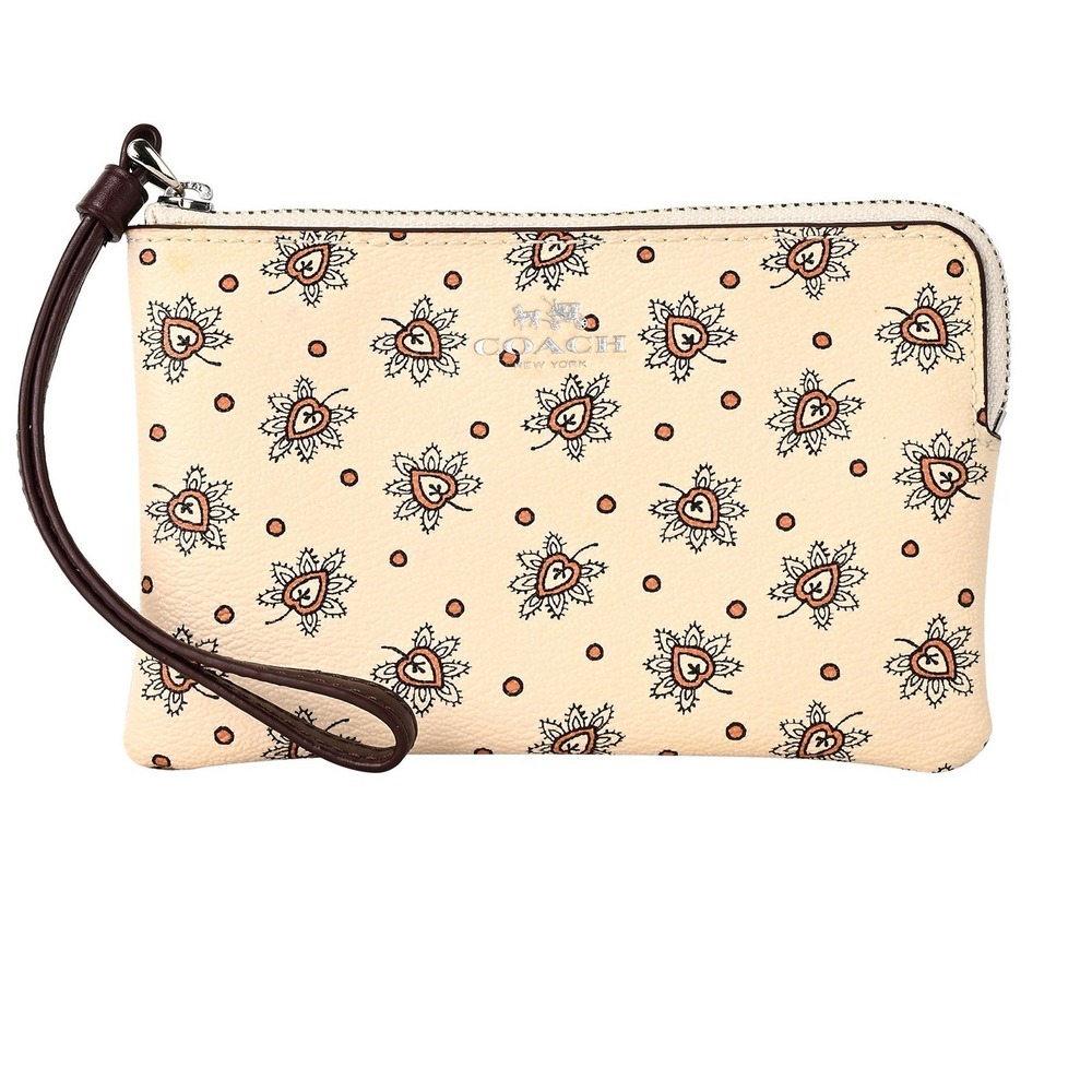 Coach Corner Zip Wristlet Cream Pebble Leather Heart‎ Floral Paisley Print Bag